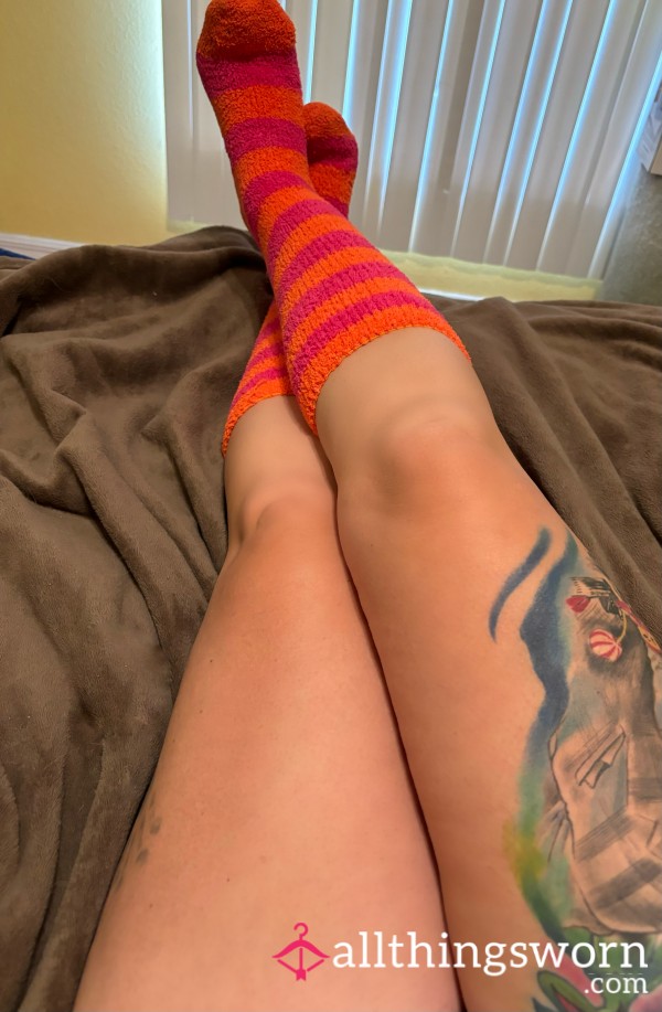 Long Orange And Pink Striped Fuzzy Socks