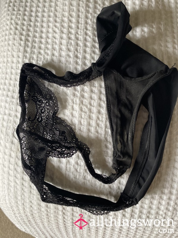 Lovely Worn And Stained Lacy/satin Black Thong