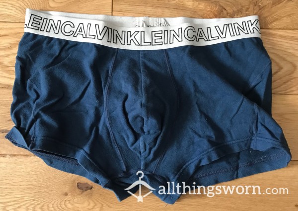 Men's Used Calvin Klein Navy Tight Fitting Boxer Trunks With White Waistband (S)