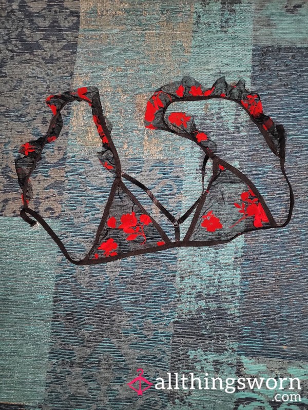 Mesh See Through Bra With Red Flowers
