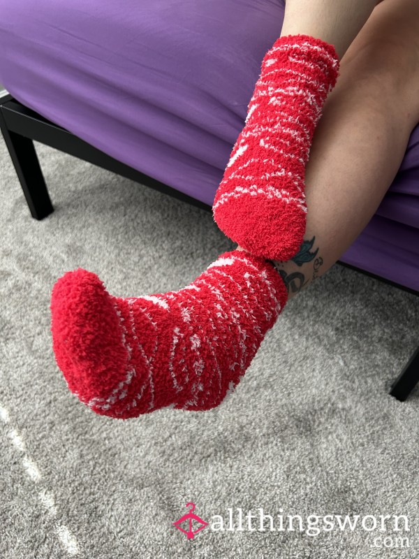 My Giant Size 10 Feet Barely Fit In These VS Fuzzy Red And White Heart Socks