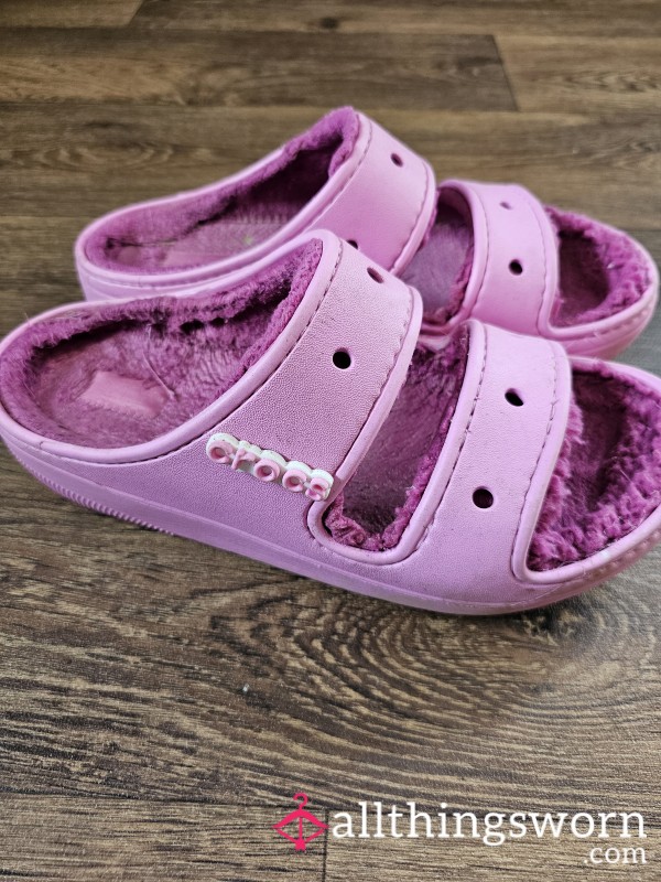 Neon Pink Fluffy Crocs Sandals, Well Worn And Sweaty 🥵