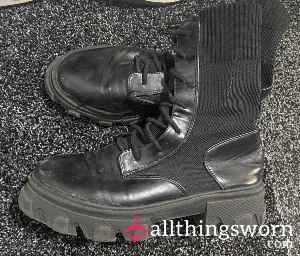 Old Well Worn Black Chunky Boots