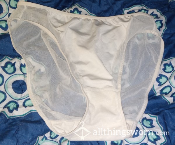 ***Just Wore For 4.5 Days!  Buyer Backed Out!!***Older, Discolored, White Sheer Panties. Size 6.