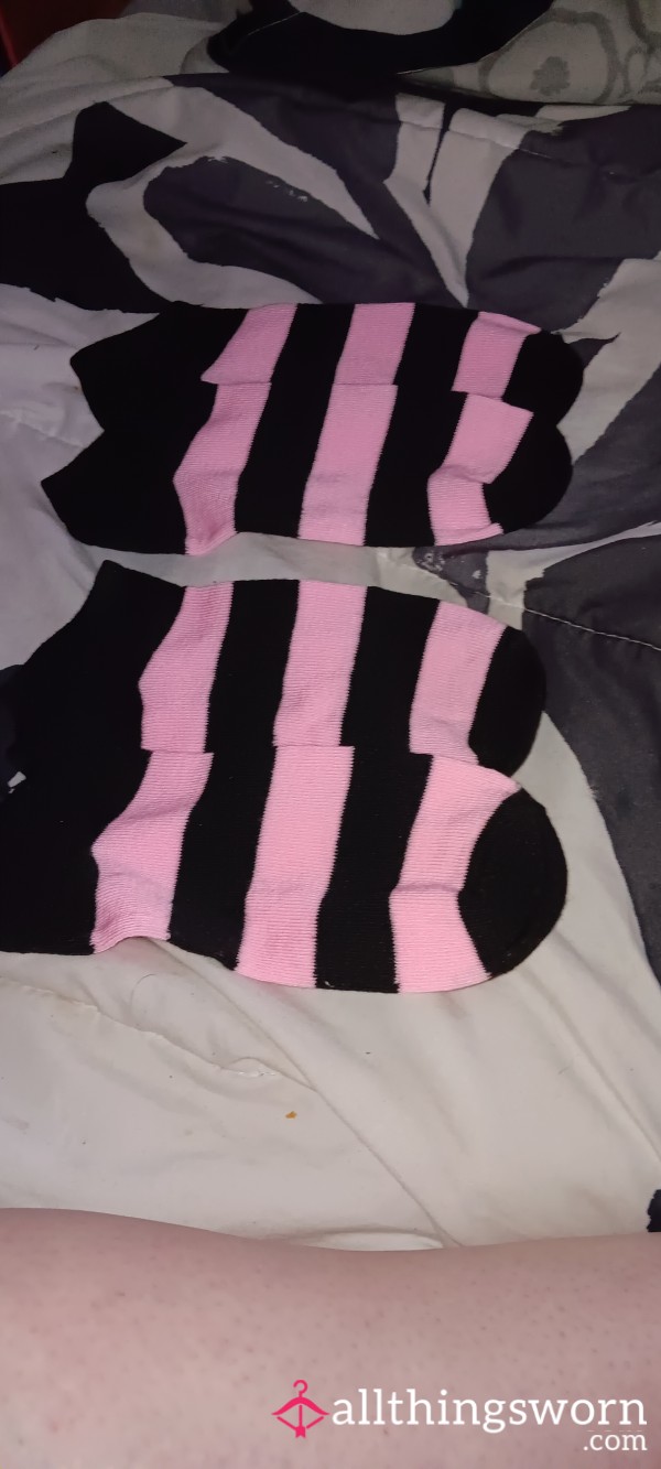 Pink And Black Striped Ankle Socks