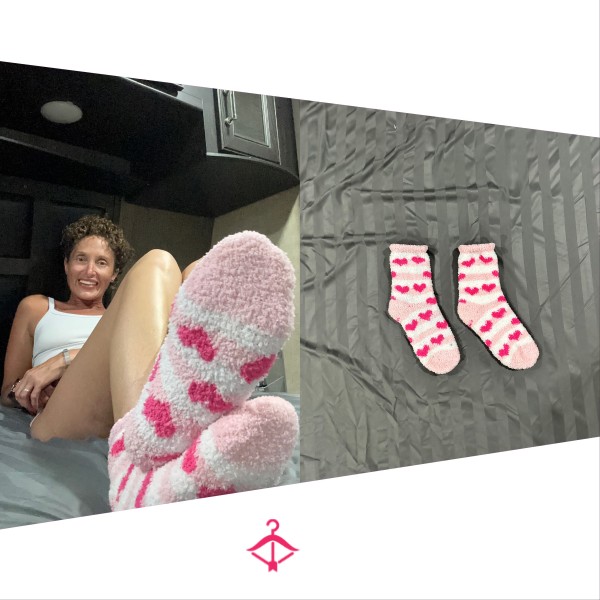 Pink And White Fuzzy Socks With Hearts
