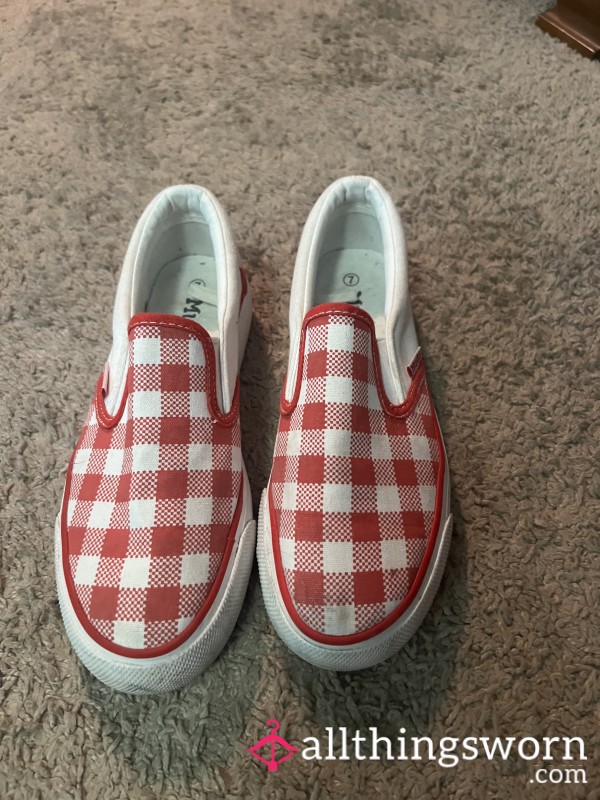 Pink And White Checkered Slip-On Shoes