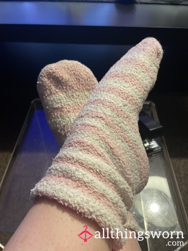 Pink And White Striped Fluffy Slipper Socks