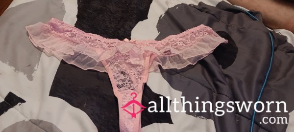 Pink Lace Thong W/ Frilly Wasteband Size- L