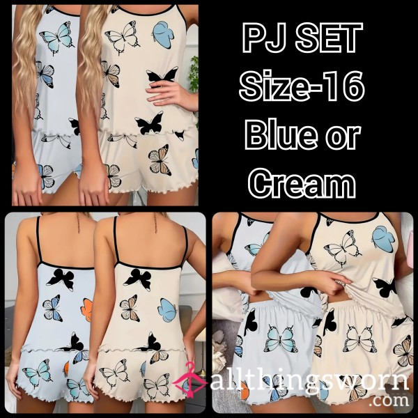 PJ Set Sexy Top & Shorts Sleepwear With Butterflies 🦋 Blue Or Cream Sz 16