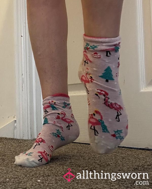 Pre Loved Xmas Pink Flamingo Socks