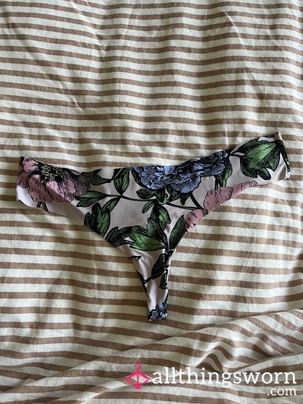 Pretty Pink Floral Print No Show Thong- VERY Well Worn And Tattered!!