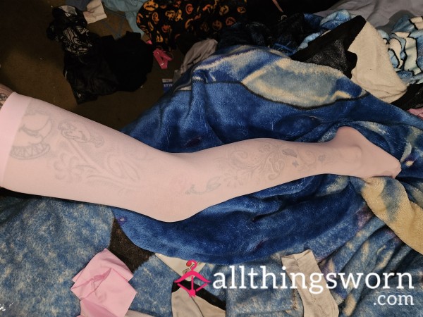 Pretty Pink Stockings With Foot Stains Due To My Stripping And Pole Heels