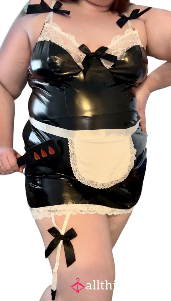 🖤 PU Leather Plus Size Maid Costume Lingerie With Separate Thong Worn By A BBW 🖤