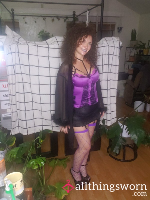 Purple Corset, Skirt Garter Belt, Purple Fishnet Stockings, Feather Black Robe