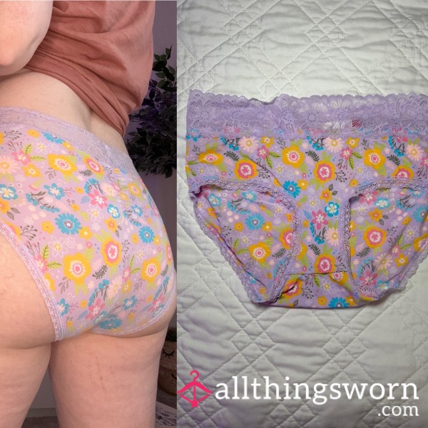 Purple Flowers Cotton With Lace Full Coverage Panty