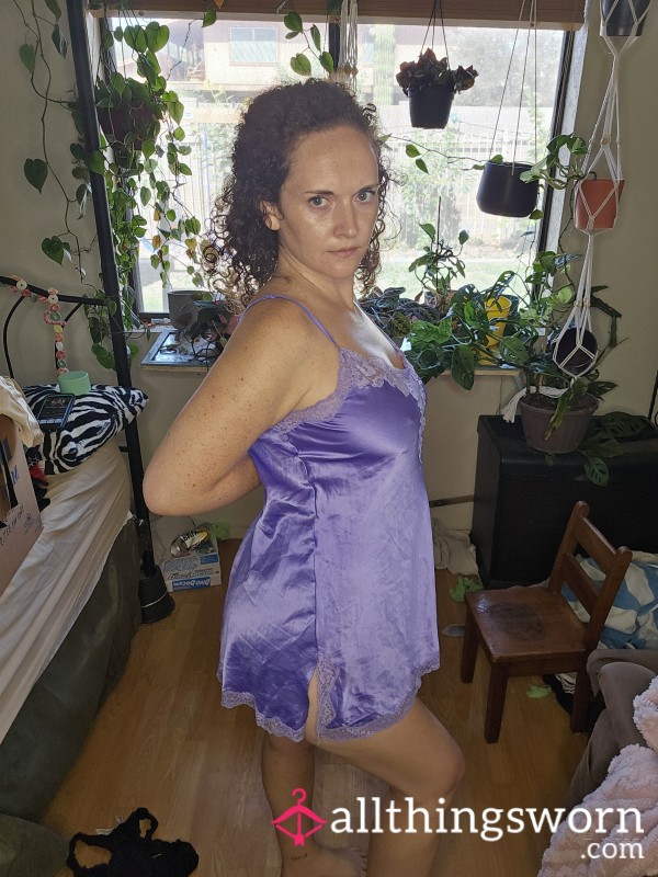 Purple Satin Negligee W/ Tie In The Back And Lace Trim (L)