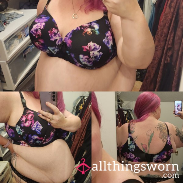 Rainbow Rose And Black Satin Feel Bra 48DD