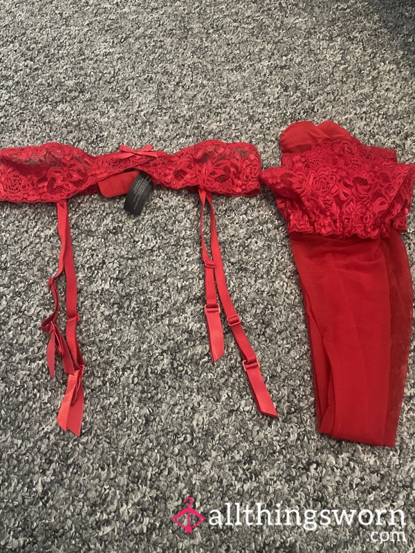 Red Ann Summers Suspender Belt & Matching Red Lace Top Stockings Size M