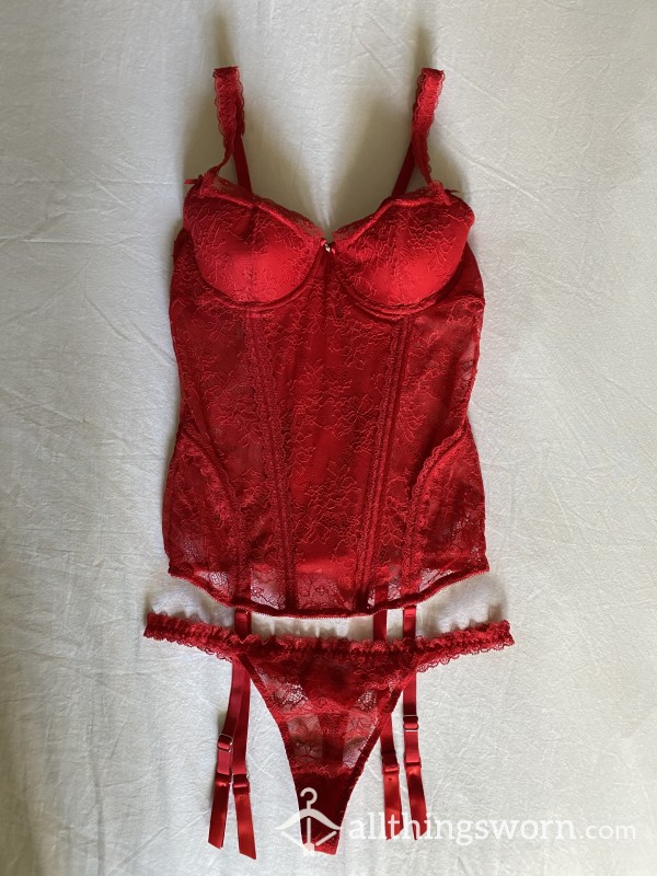 Buy Red Lace Basque Thong Set