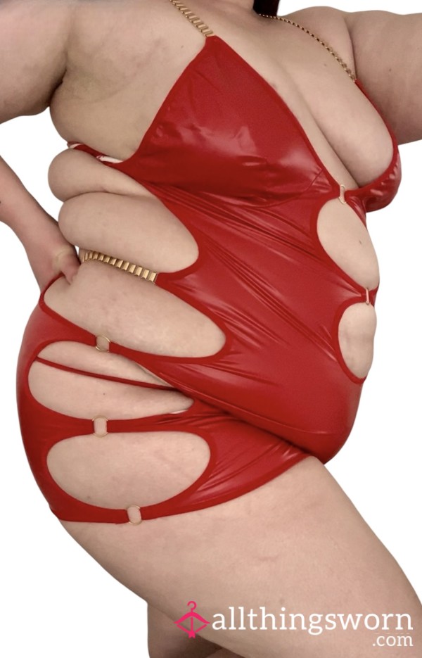 ❤️ Red PU Leather Cut Out Plus Size Dress With Separate PU Leather G-string Thong ❤️