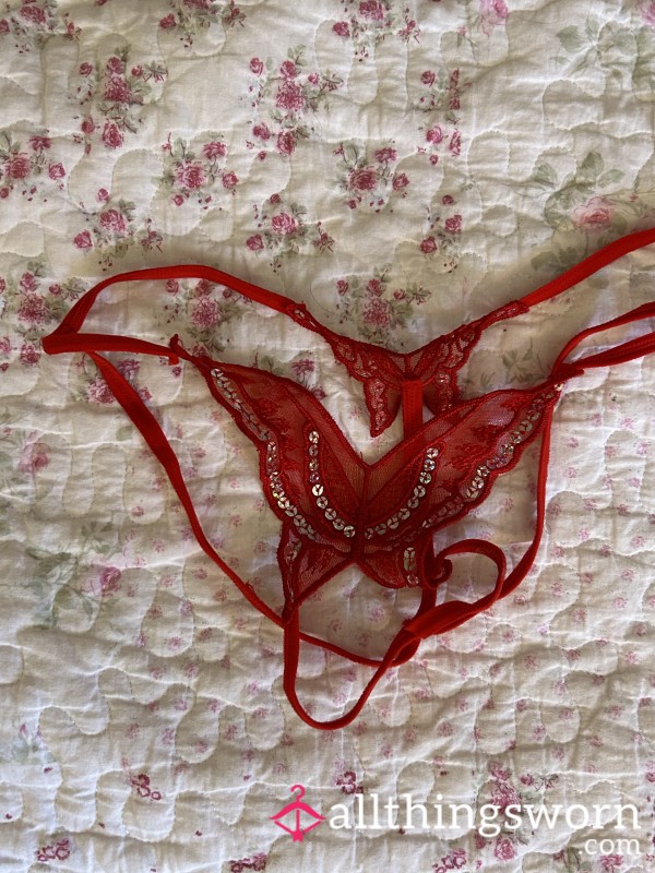 Red Sequined Crotch Less Bu*terfly Thong