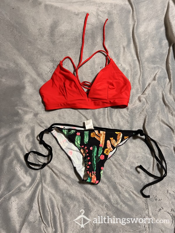 Red And Black Cactus Print Super Cheeky Bikini (Bottoms Used To Belong To A Friend)