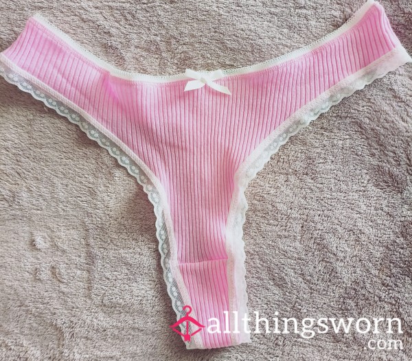 ✨ Ribbed Cute Bow Lace Trim Thong Panties In  Pink 🩷