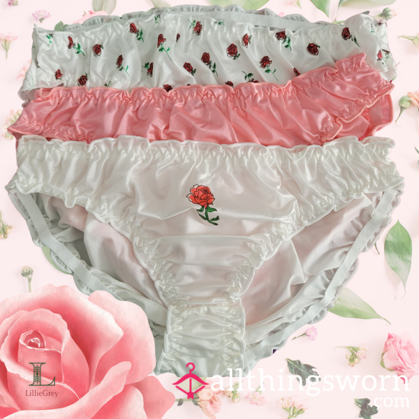 🌹 Rose Print, Or Pink Satin Ruffled Panties