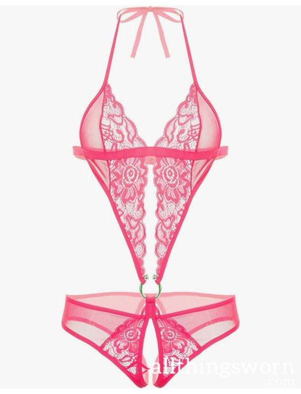 S**y Bright Pink Crotchless Lace Lingerie Teddy