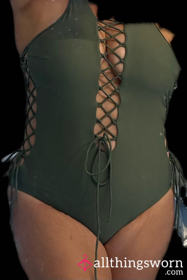 Sexy Olive Green Swimsuit With Lots Of Cleavage And Tie Details On Sides And Front. Worn In Texas Heat So You Know It’s Smelly And Sweaty.