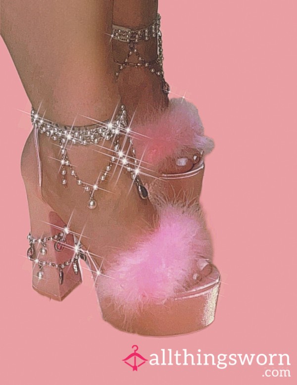 Sexy Pink Satin Rhinestone And Pearl Heels