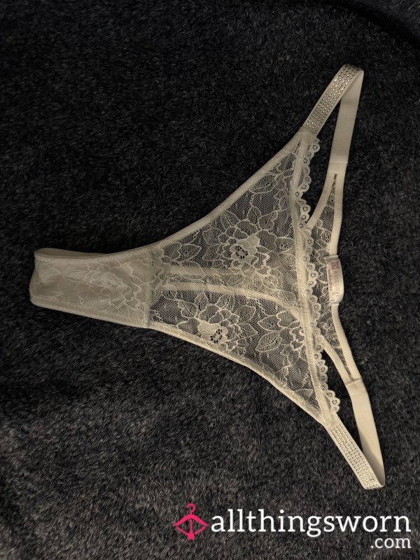 Sexy White Lace Thong With Studded Hip Details Includes 24 Hours Of Wear
