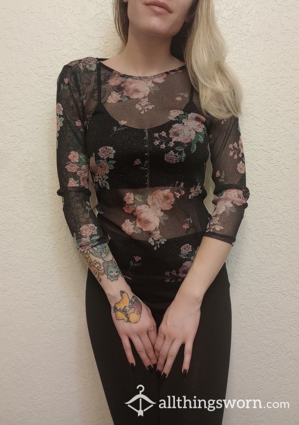 Sheer Black Top With Flowers