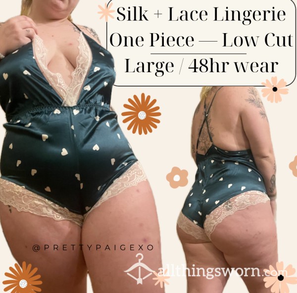 Silk + Lace Lingerie 💋 Cheeky Low-cut One Piece — 48hr Wear 💚