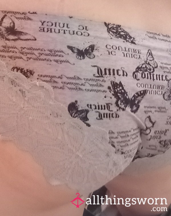 Silver Silky Juicy Couture Panties, Size Small.  Lace Trim; Black Lettering & Bu*terfly Print. Comfy!