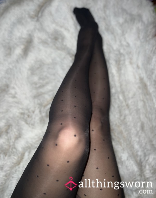 Size S Black Spotted Transparent Pantyhose WORN WITHOUT PANTIES💜
