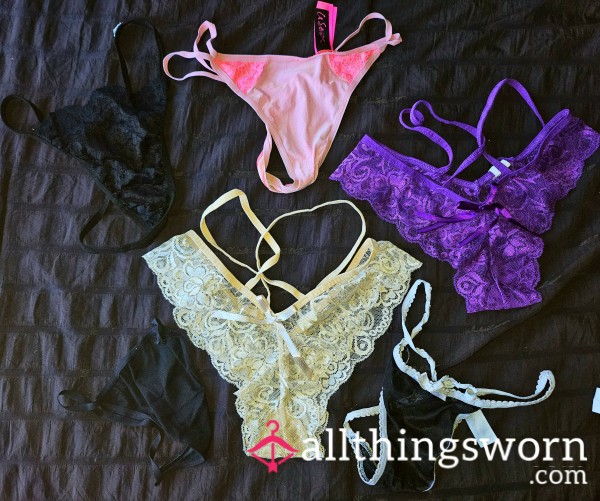 Small Japanese Asian Panties Purple Lace Thong, Black Thong,Mesh G-String,Beige Lace Thong, La Senza Pink G String Thong ETC Bundle Deal Sale