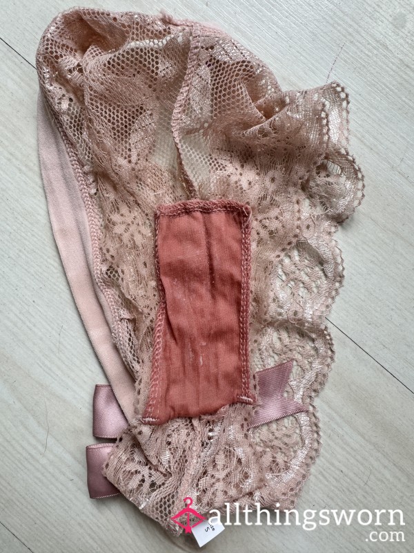 Squirt Soaked Pink Lace Thong W/ Bow