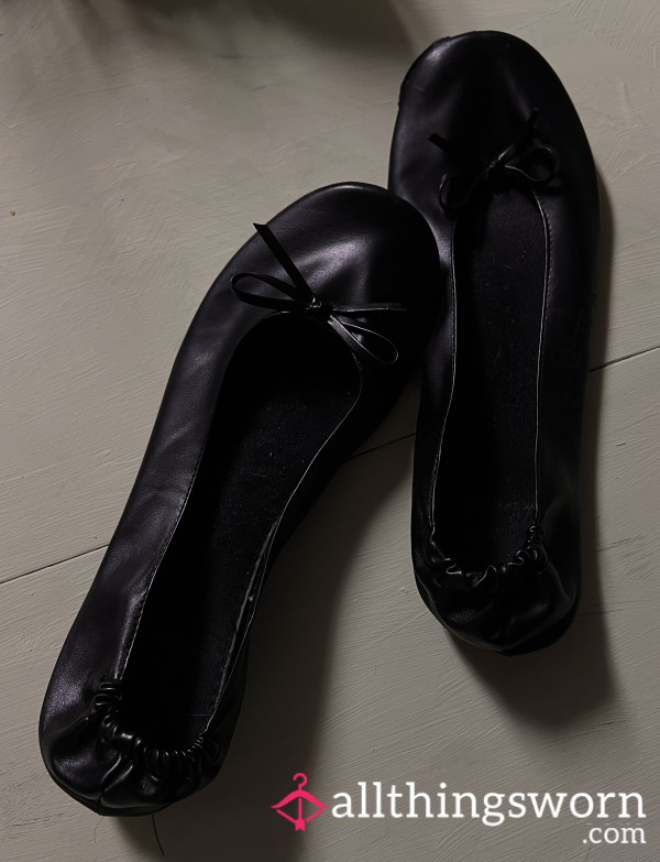 *SOLD* Stinky Black Pleather Flats With Holes From Heavy Use