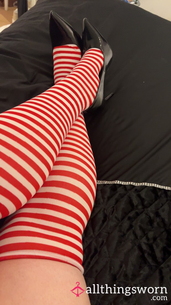 Nylon Red And White Striped Stockings 🥵