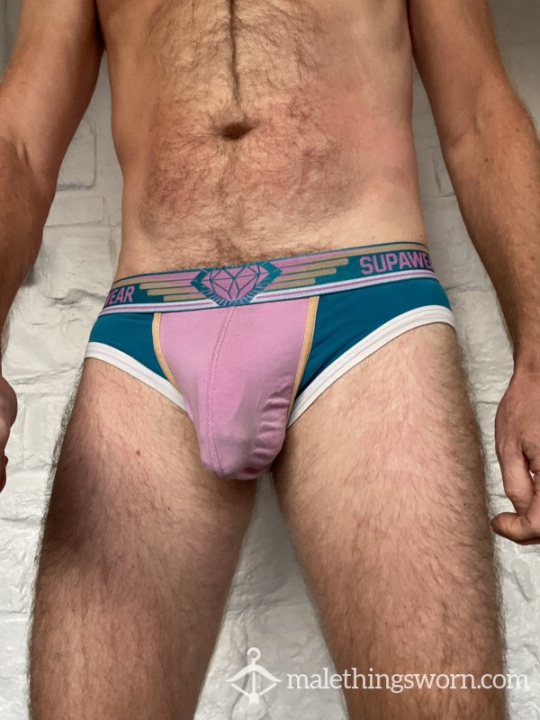 Superwear Briefs Pink And Blue.  Well Worn With Stains