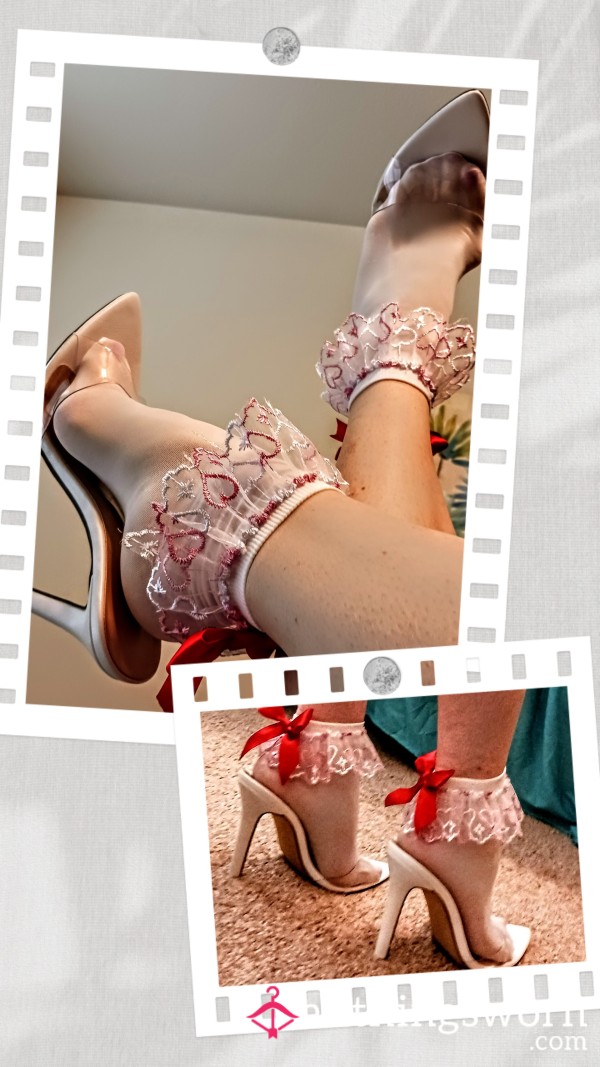 Sweet Sheer White Ankle Socks With Red Bow