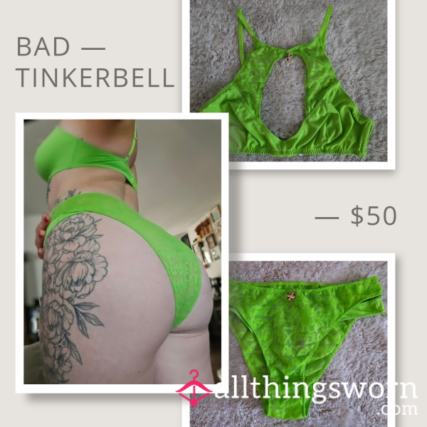 Tinkerbell Set - Neon Green Doubled Lined Panties And High Neck Bra