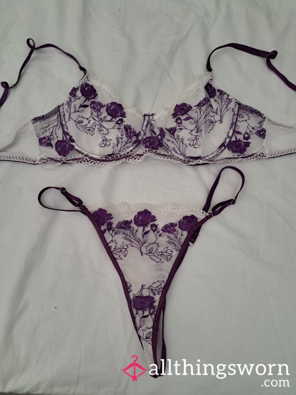 Used Escorting Underwear! Bra And Thong Purple And White Floral Lingerie