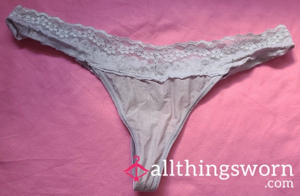 Very Faded & Old - Heavy-Wear Grayish (?) Lace Thong Size Small -