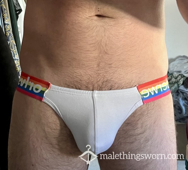 Very Revealing White And Rainbow Strappy Briefs!