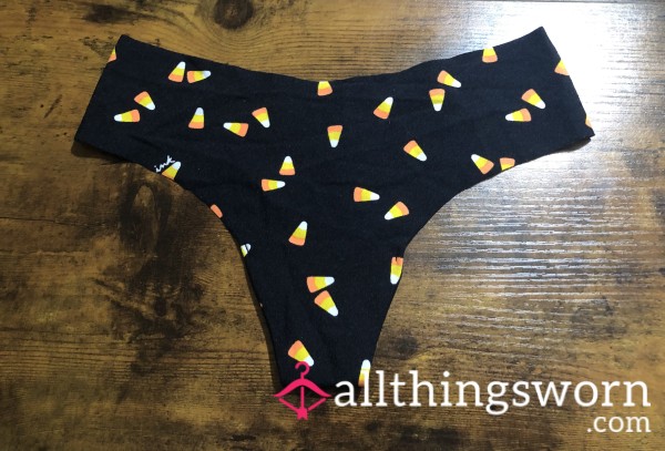VS Pink Black No Show Thong W/ Candy Corn - Includes US Shipping & 24 Hr Wear -