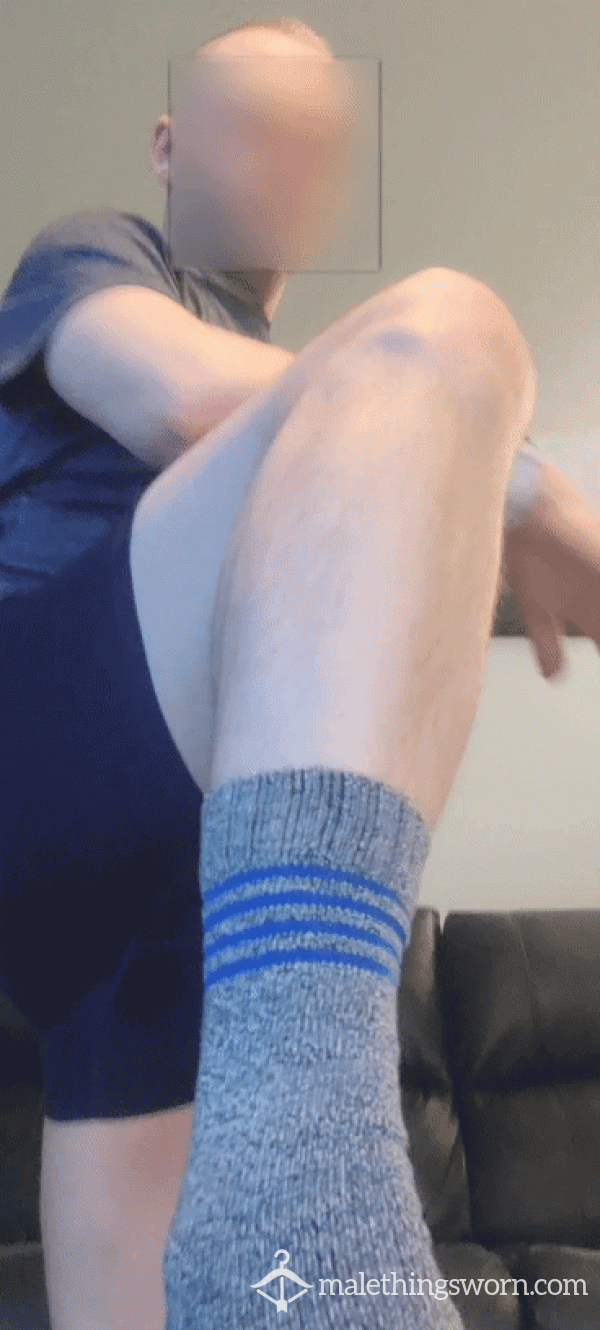 Well Worn Sexy Gray Wool Socks With Blue Stripes