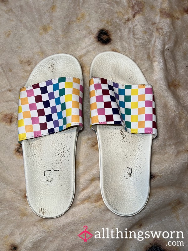 Well Worn Size 11 Vans Rainbow Checkered Slip On Slides - Sandals W Free Shipping